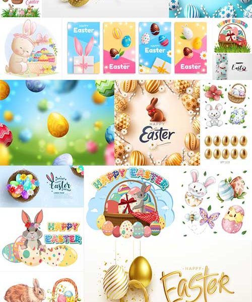 Easter poster and banner template with golden easter eggs within the bunny