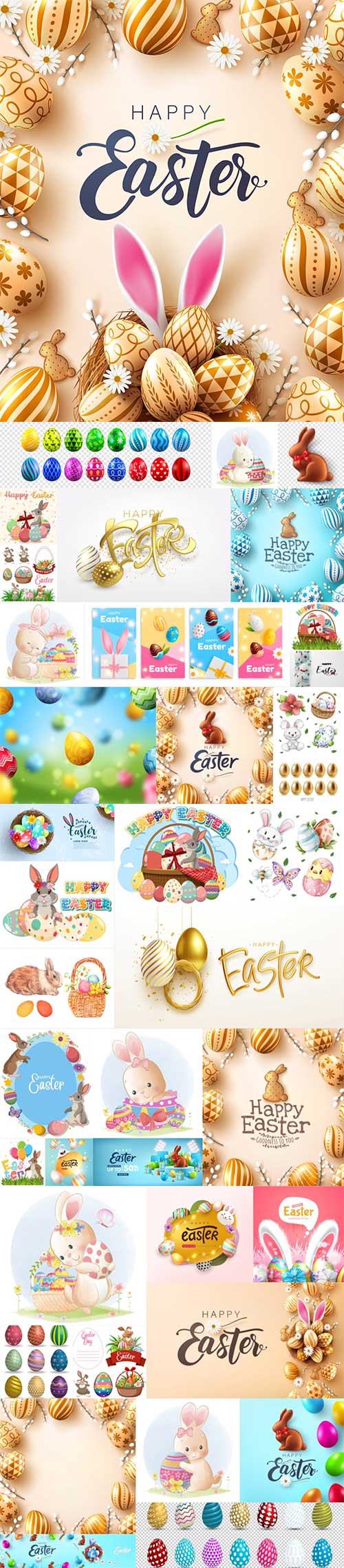 Easter poster and banner template with golden easter eggs within the bunny