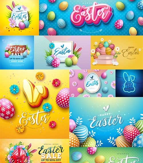 Vector illustration of joyful easter vacation with colourful egg and bunny