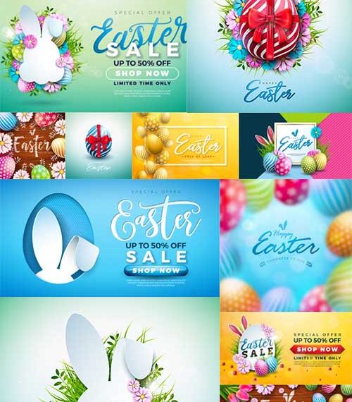 Pleased easter poster and colourful easter eggs, bunny and flower