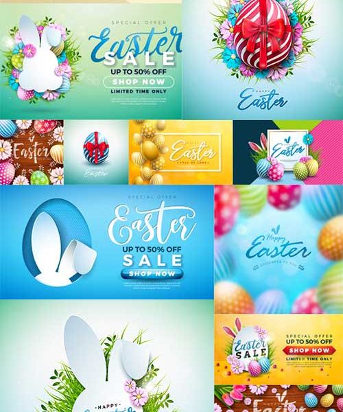 Pleased easter poster and colourful easter eggs, bunny and flower