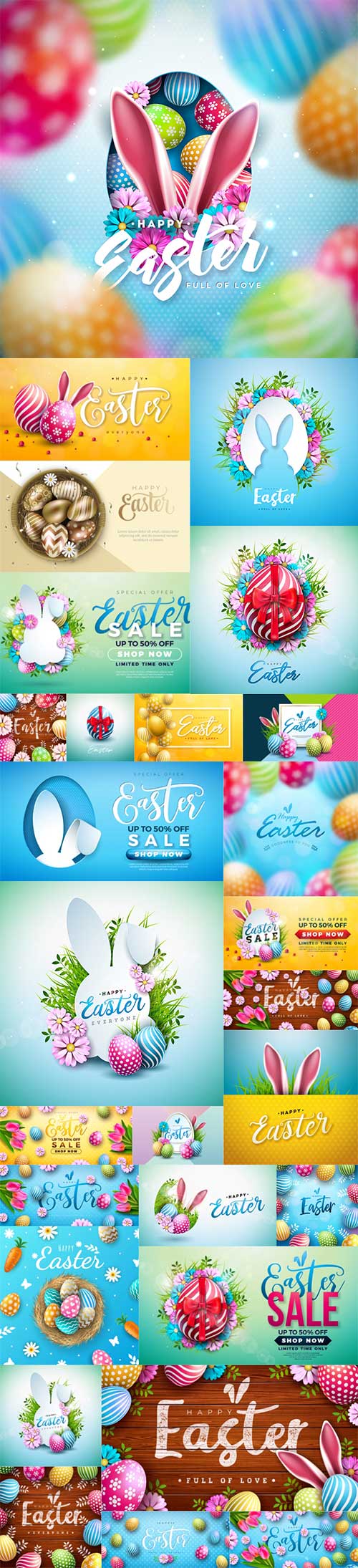 Pleased easter poster and colourful easter eggs, bunny and flower